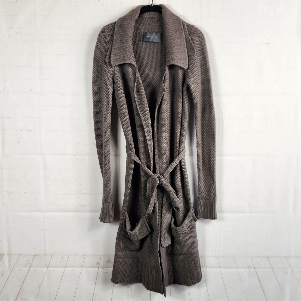 Halston Italy Cashmere Chinchilla Luxe Knit Fall Belted Cardigan Sweater Taupe S